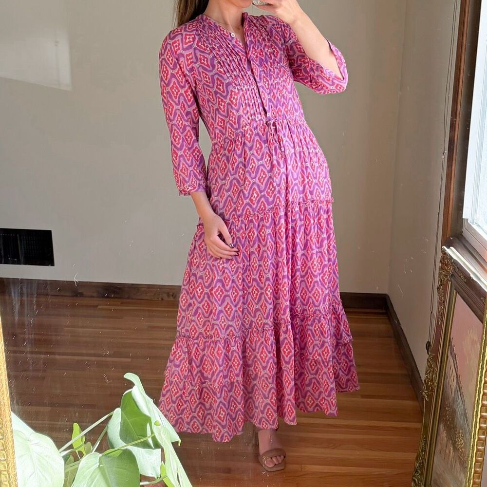 Banjanan Purple Geo Boho Print Tired Midi Dress Size XS - Picture 2 of 8